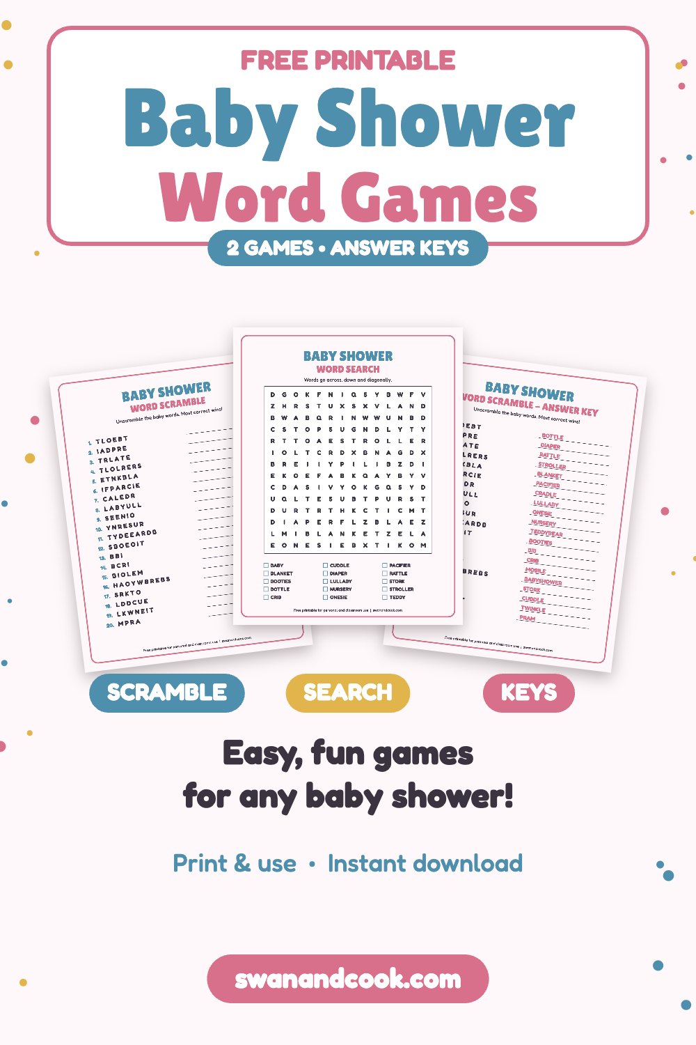 Free printable baby shower games with a baby word scramble and word search plus answer keys from Swan and Cook