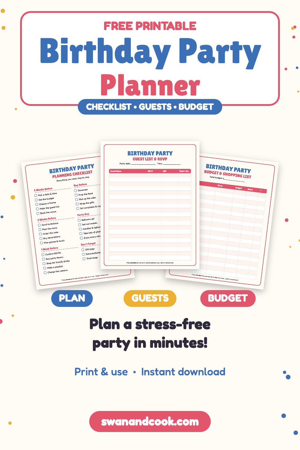 Free printable birthday party planner with planning checklist, guest list and budget pages from Swan and Cook