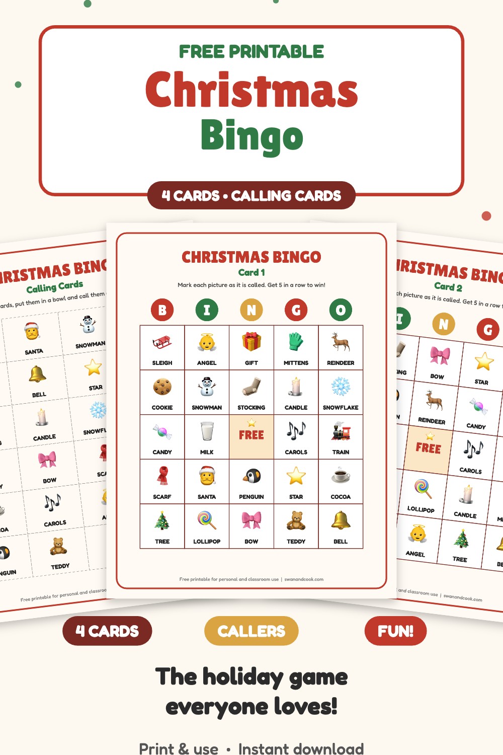 Free printable Christmas bingo with 4 picture cards and calling cards from Swan and Cook