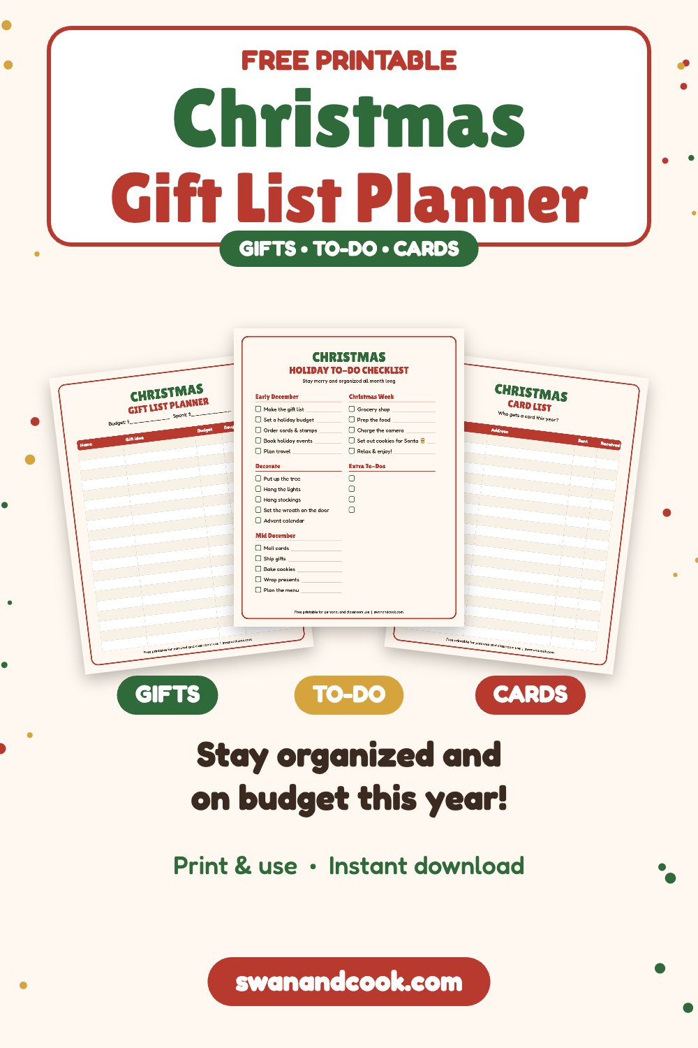Free printable Christmas gift list planner with holiday to-do checklist and card list from Swan and Cook