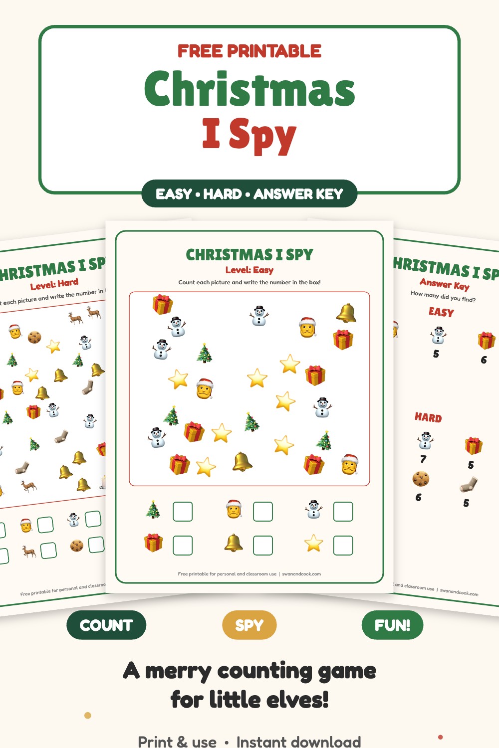 Free printable Christmas I Spy counting game for kids with answer key from Swan and Cook