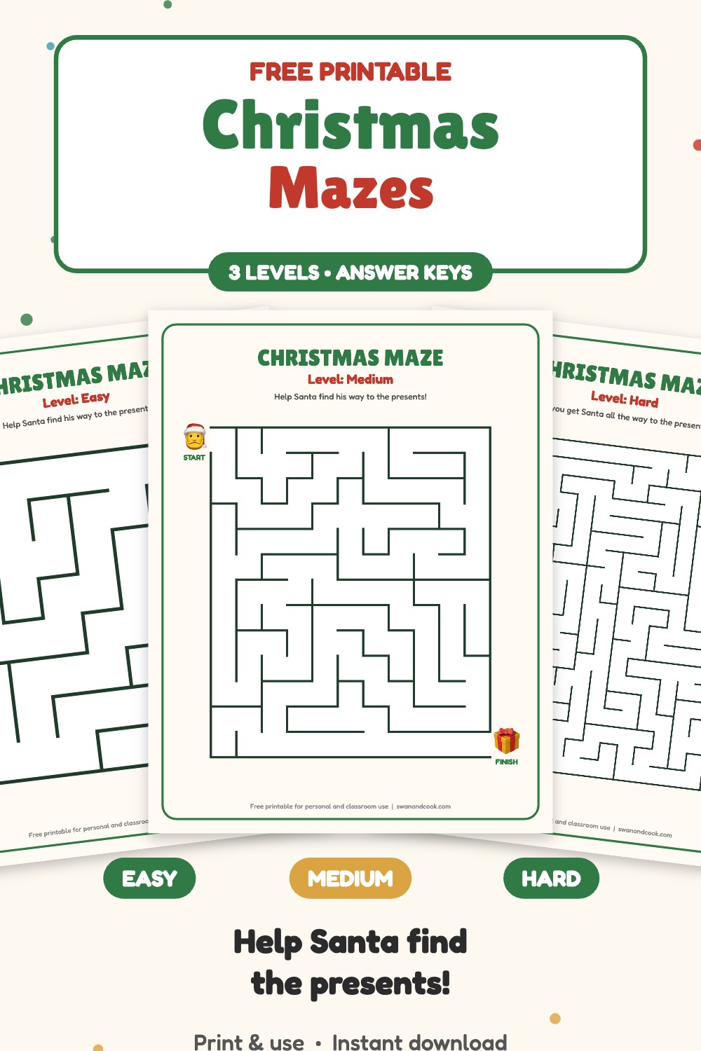 Free printable Christmas mazes for kids in easy, medium and hard levels with answer keys from Swan and Cook
