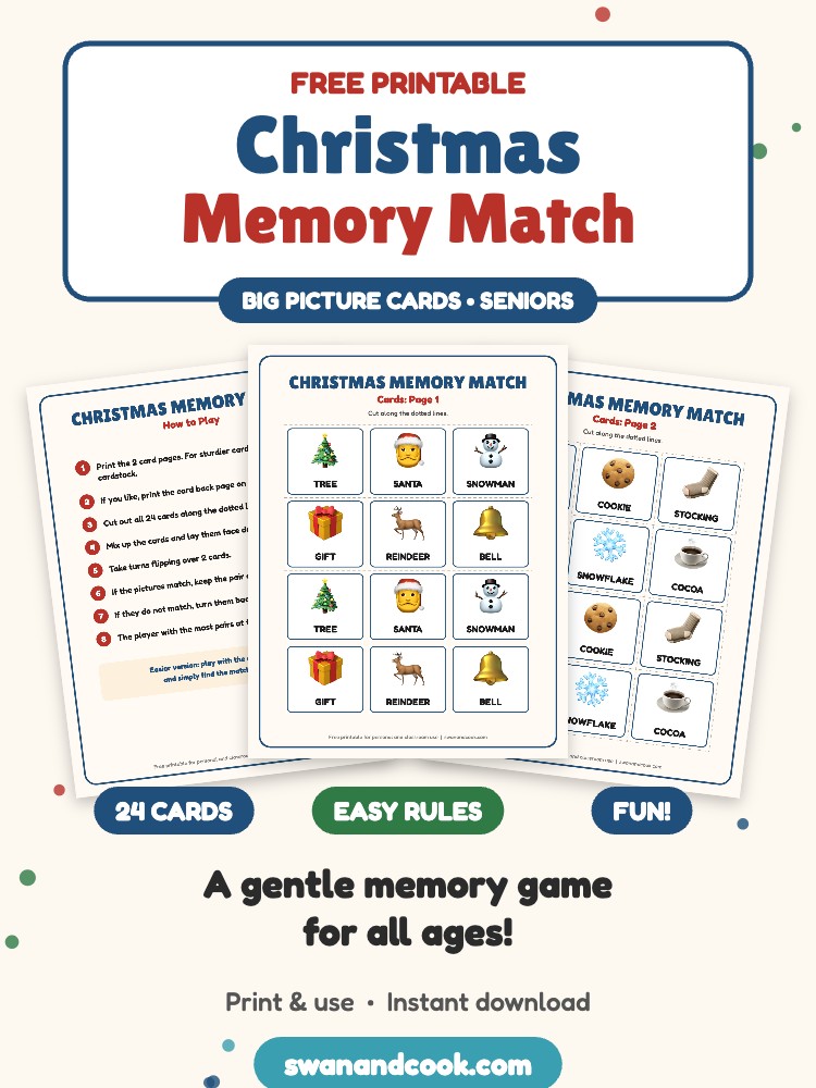 Free Printable Christmas Memory Match Game for Seniors (Big Picture Cards)