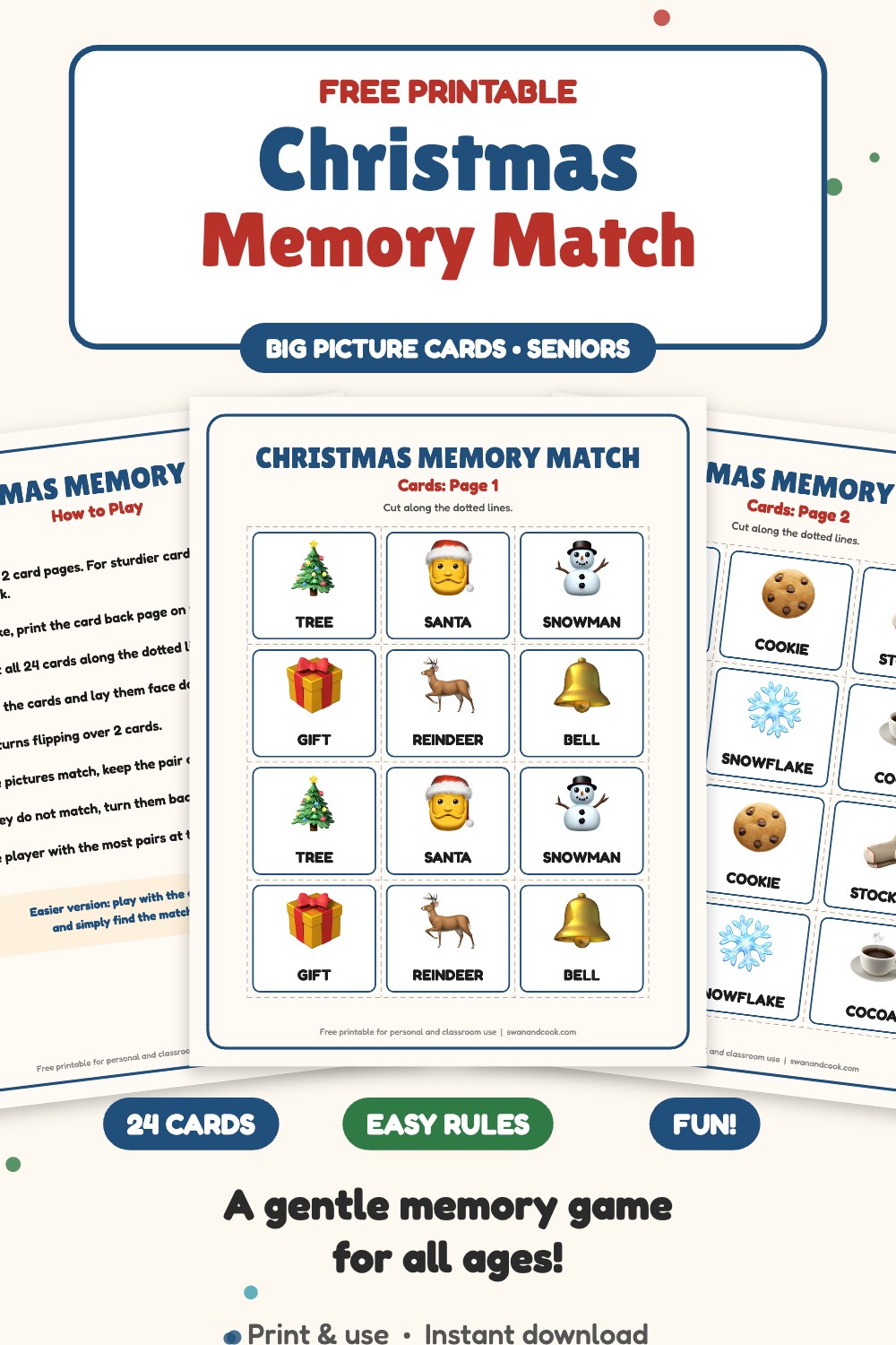 Free printable Christmas memory match game for seniors with big picture cards from Swan and Cook