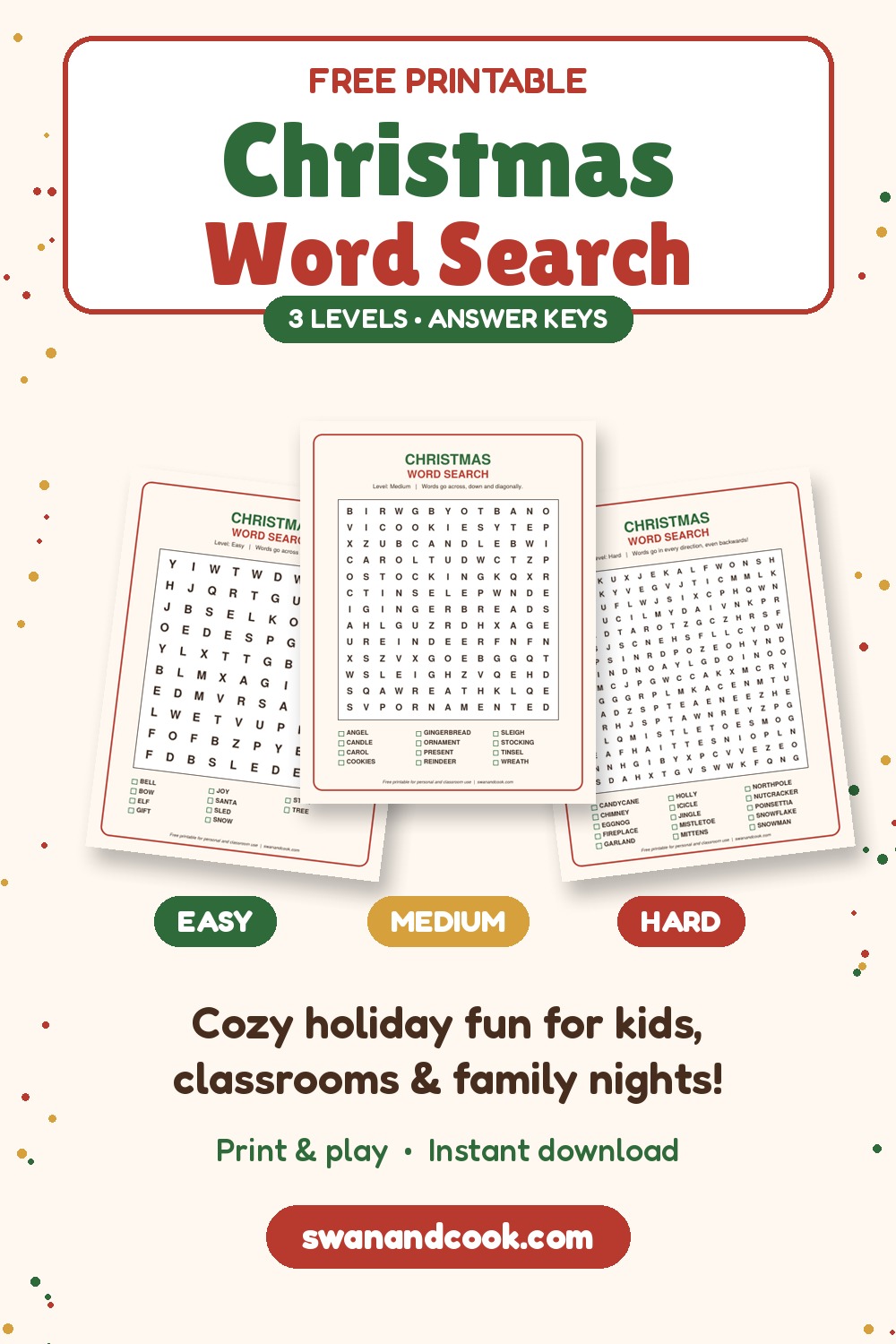 Free printable Christmas word search for kids with easy, medium and hard levels and answer keys from Swan and Cook