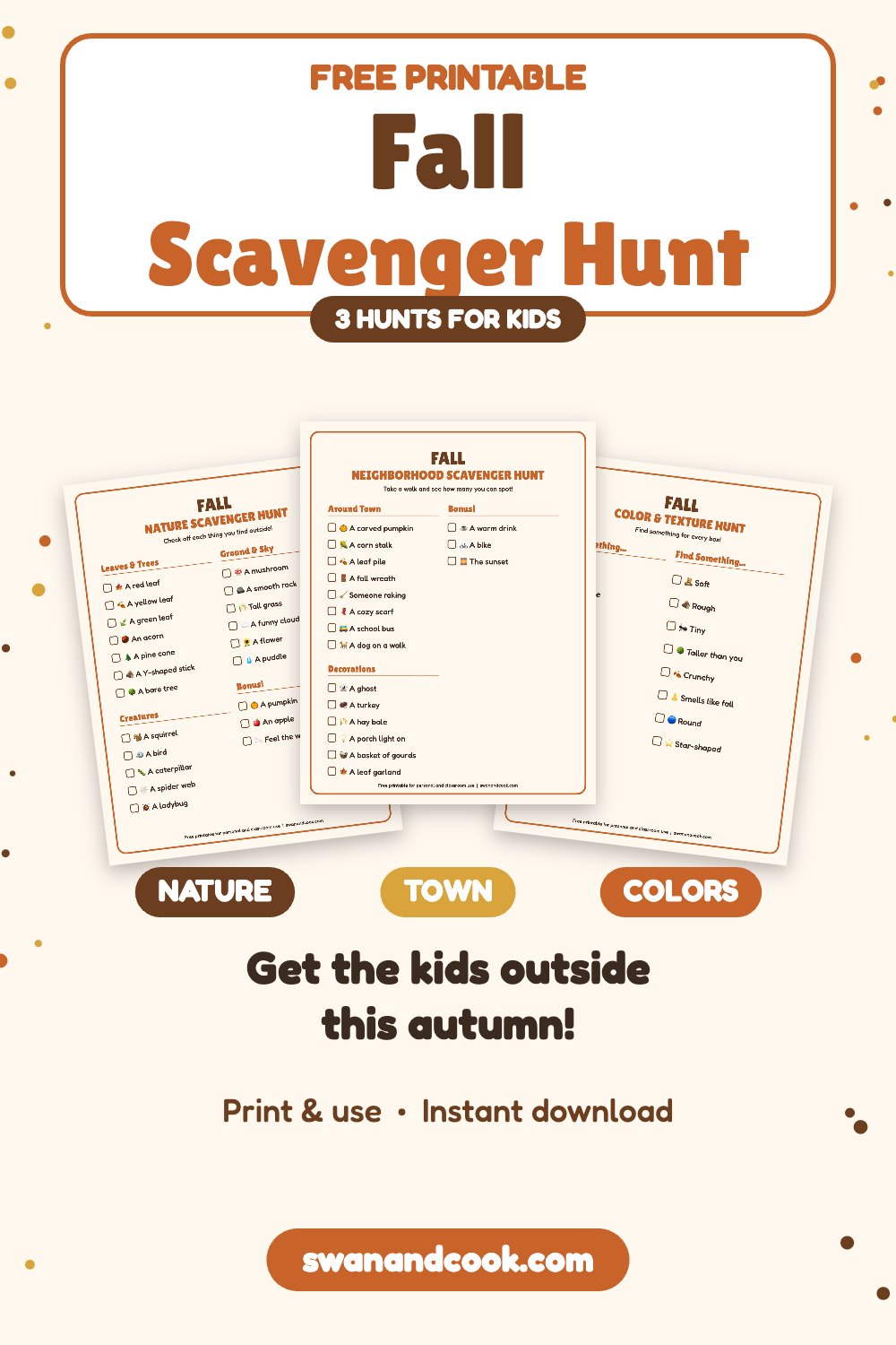 Free printable fall scavenger hunt for kids with nature, neighborhood and color hunts from Swan and Cook
