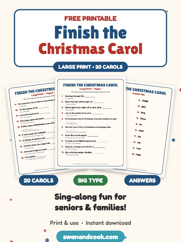 Free Finish the Christmas Carol Game (Large Print for Seniors)