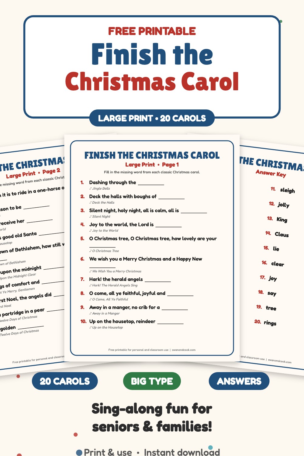 Free large print Finish the Christmas Carol game for seniors with 20 carols and answer key from Swan and Cook
