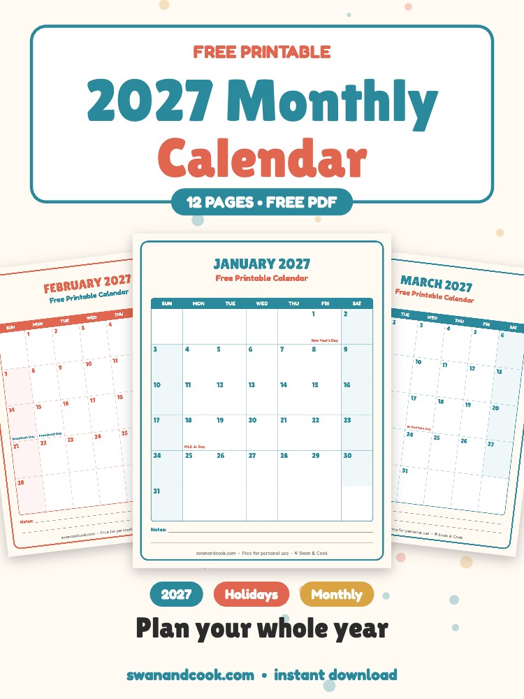 Free Printable 2027 Monthly Calendar (All 12 Months)