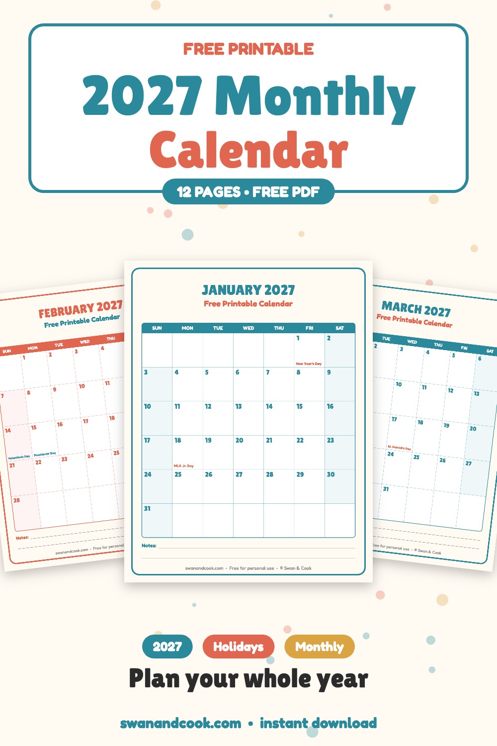Free printable 2027 monthly calendar with 12 pages and US holidays from Swan and Cook