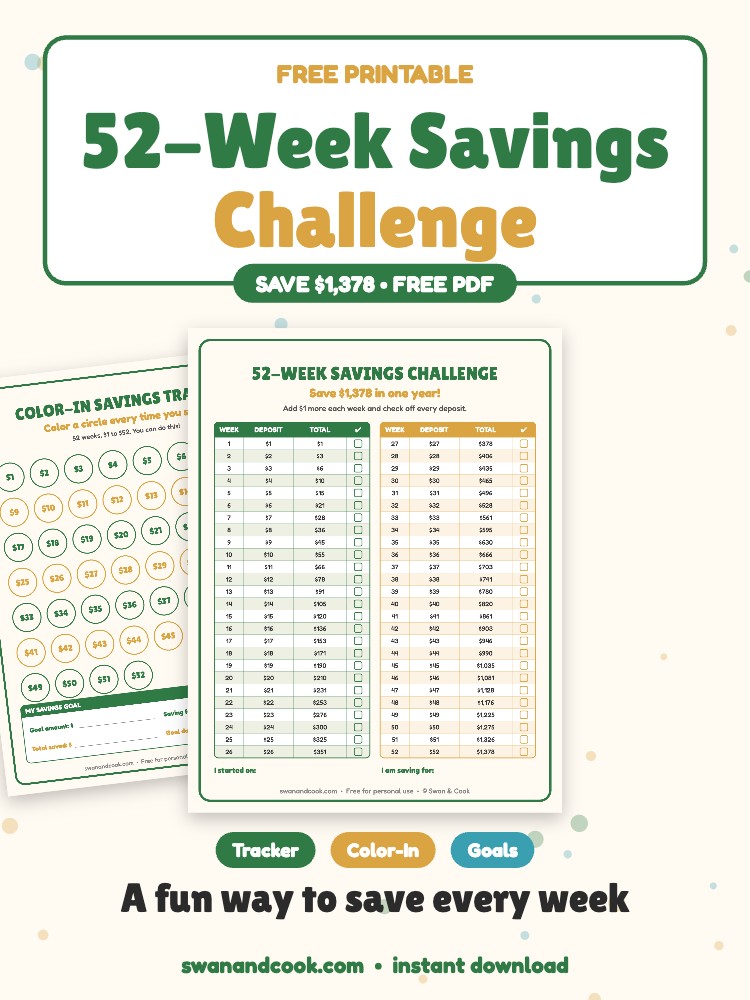 Free Printable 52-Week Savings Challenge (Save $1,378)