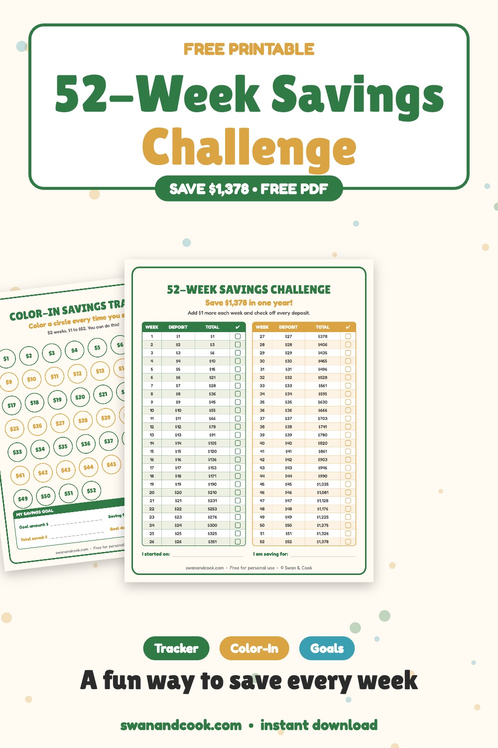 Free printable 52 week savings challenge chart and color in savings tracker from Swan and Cook
