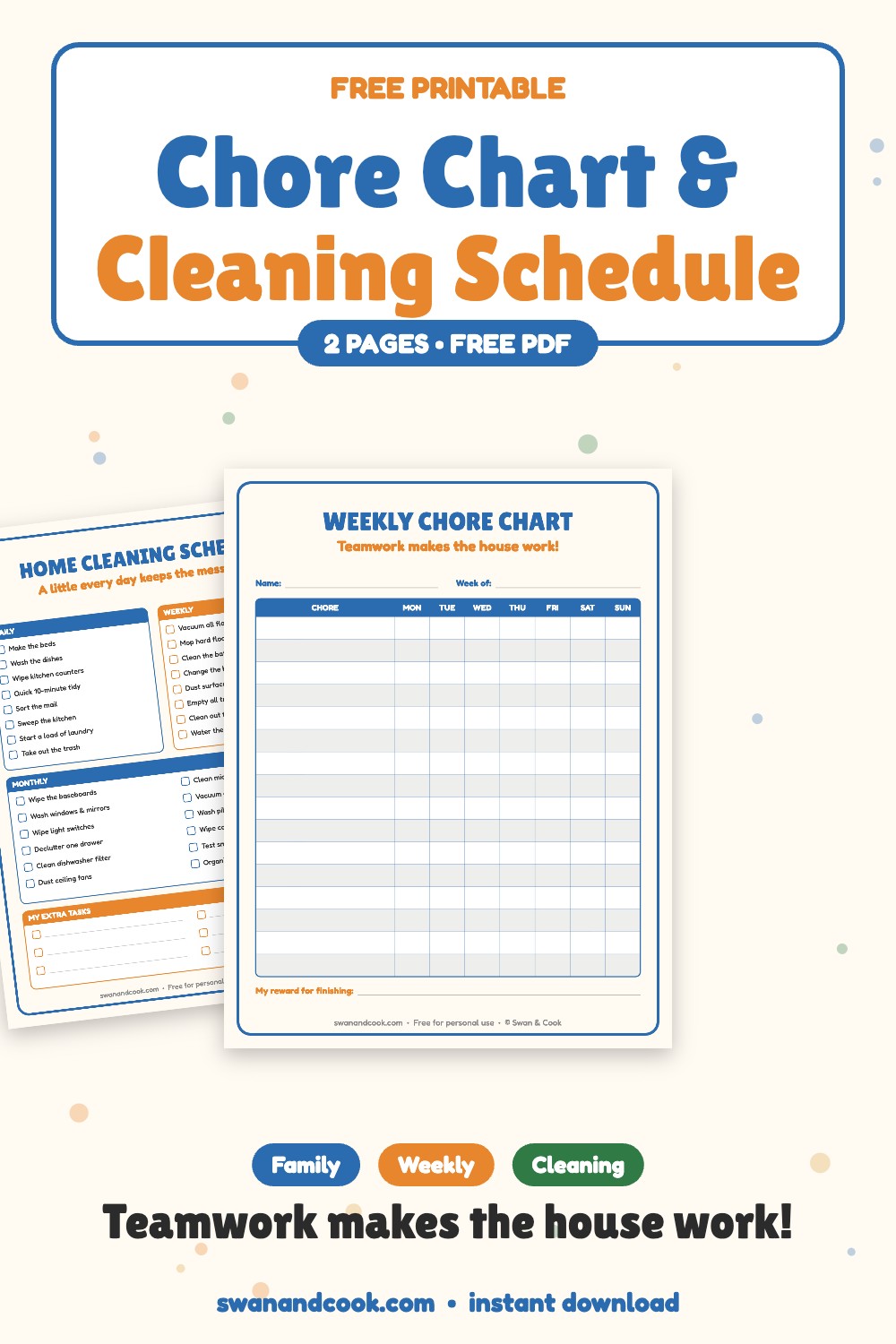 Free printable weekly chore chart and home cleaning schedule with daily weekly and monthly checklists from Swan and Cook