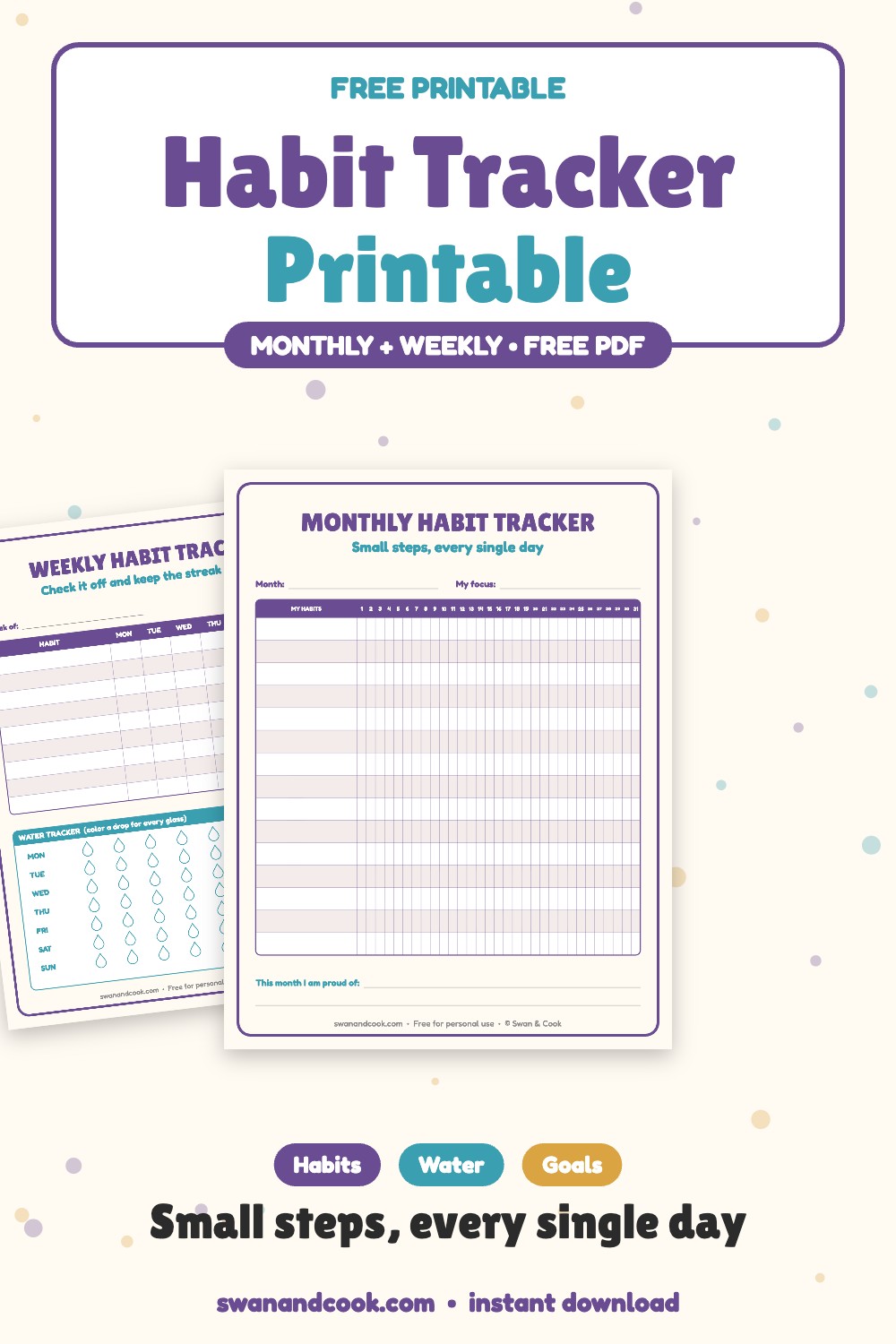 Free printable monthly habit tracker and weekly habit and water tracker from Swan and Cook
