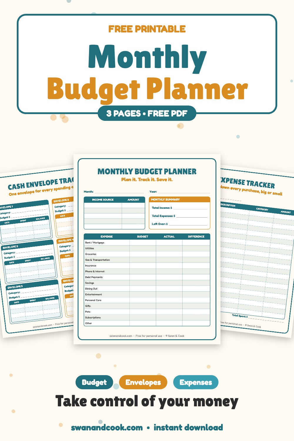 Free printable monthly budget planner with cash envelope tracker and expense tracker from Swan and Cook