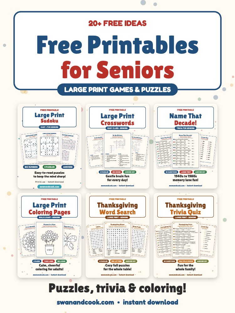 20 Free Printables for Seniors (Large Print Games, Puzzles & Planners)