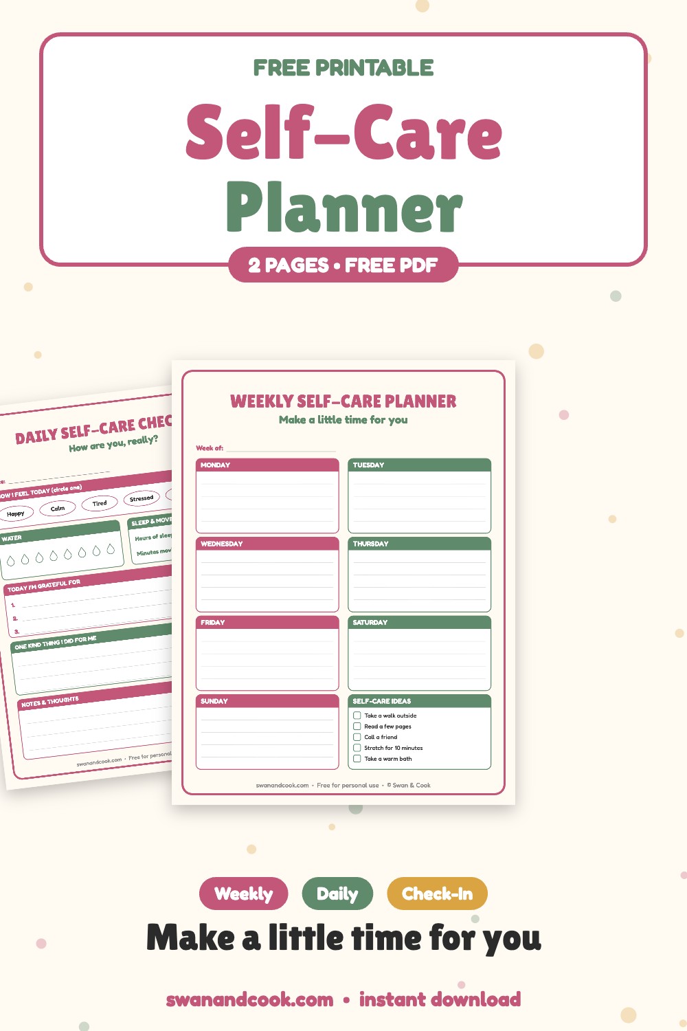 Free printable weekly self-care planner and daily self-care check-in page from Swan and Cook