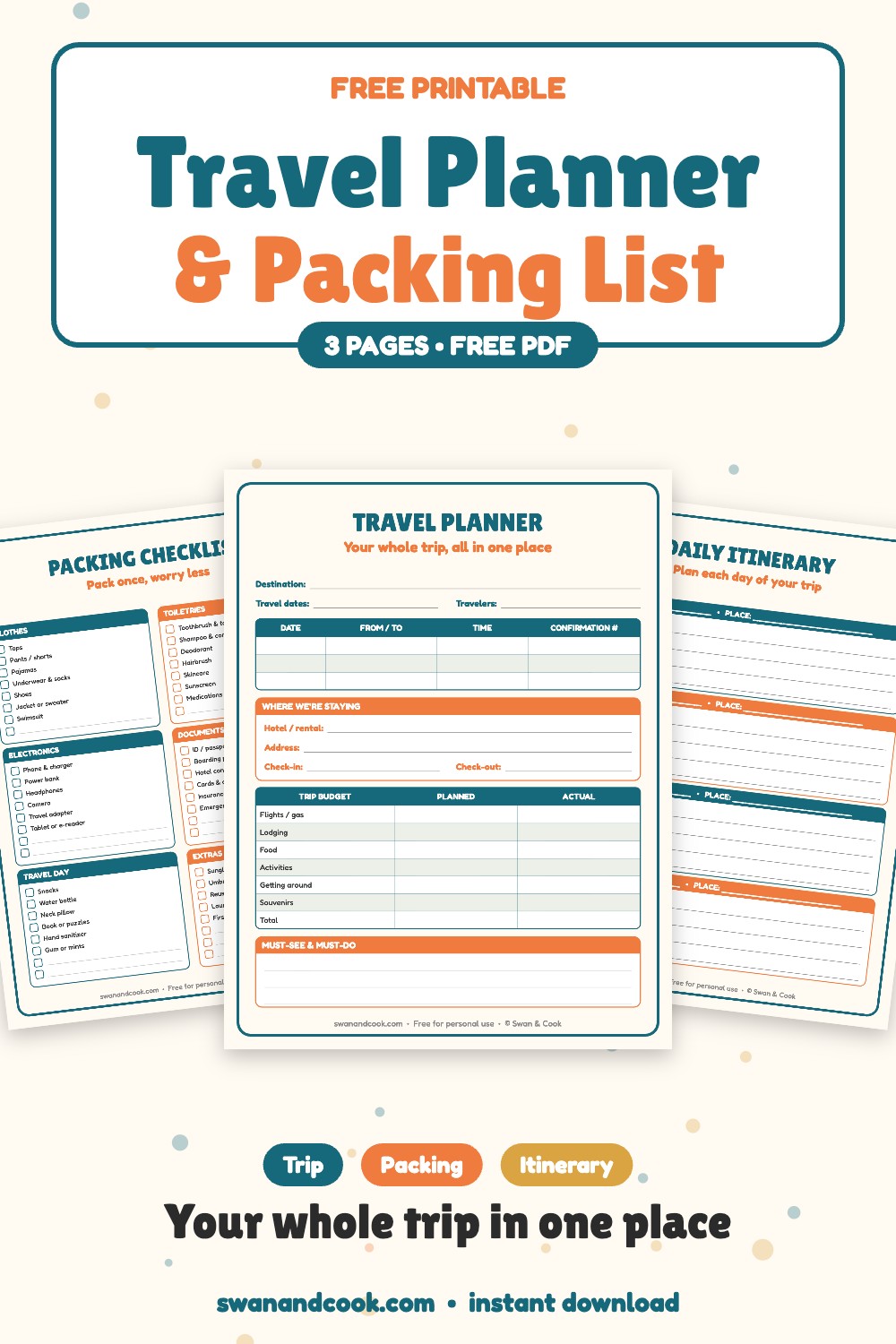 Free printable travel planner with trip budget, packing checklist and daily itinerary from Swan and Cook