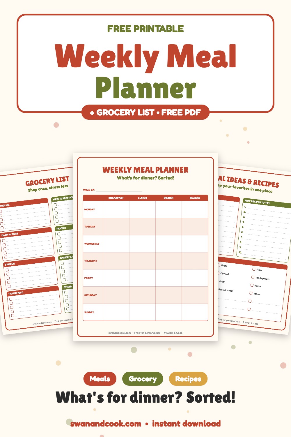 Free printable weekly meal planner with grocery list and recipe ideas page from Swan and Cook