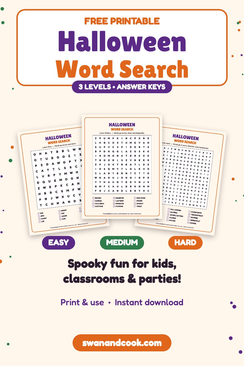 Free printable Halloween word search for kids with easy, medium and hard levels and answer keys from Swan and Cook