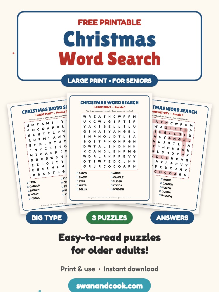 Free Large Print Christmas Word Search for Seniors (3 Puzzles)