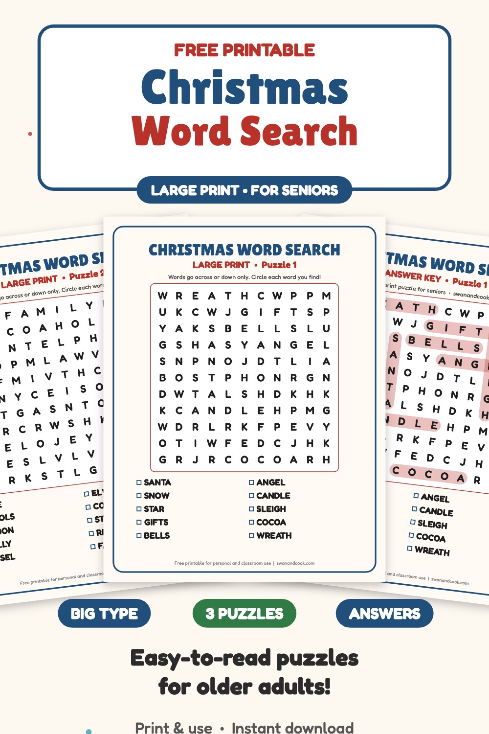 Free large print Christmas word search for seniors with 3 puzzles and answer keys from Swan and Cook