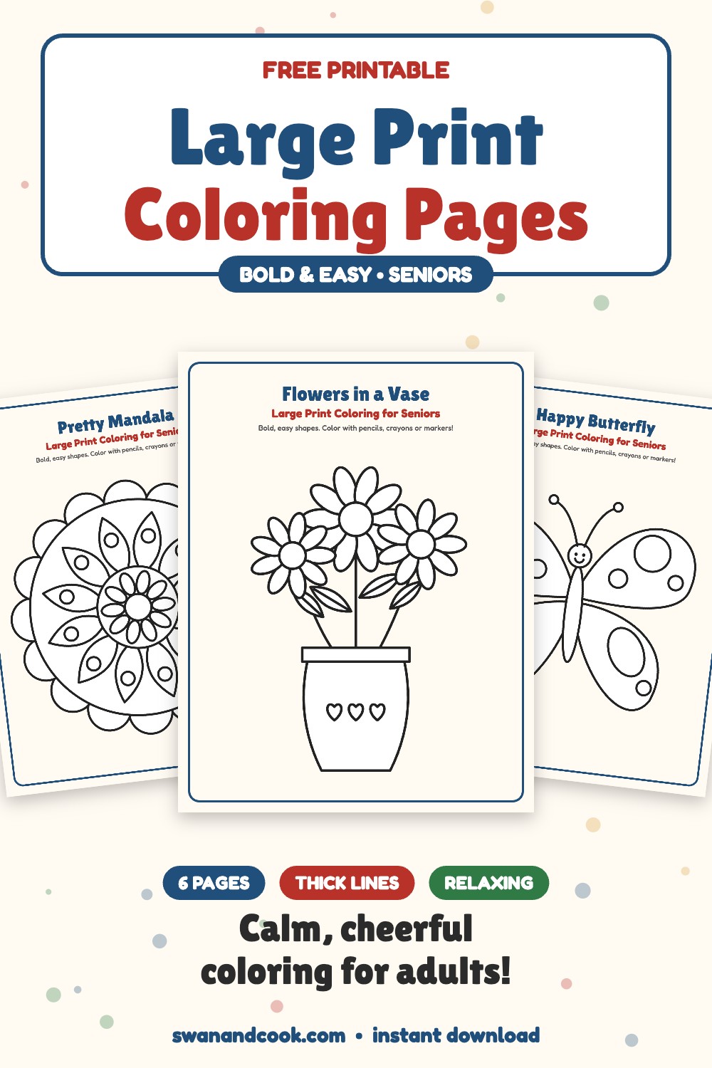 Free large print coloring pages for seniors with bold easy designs from Swan and Cook