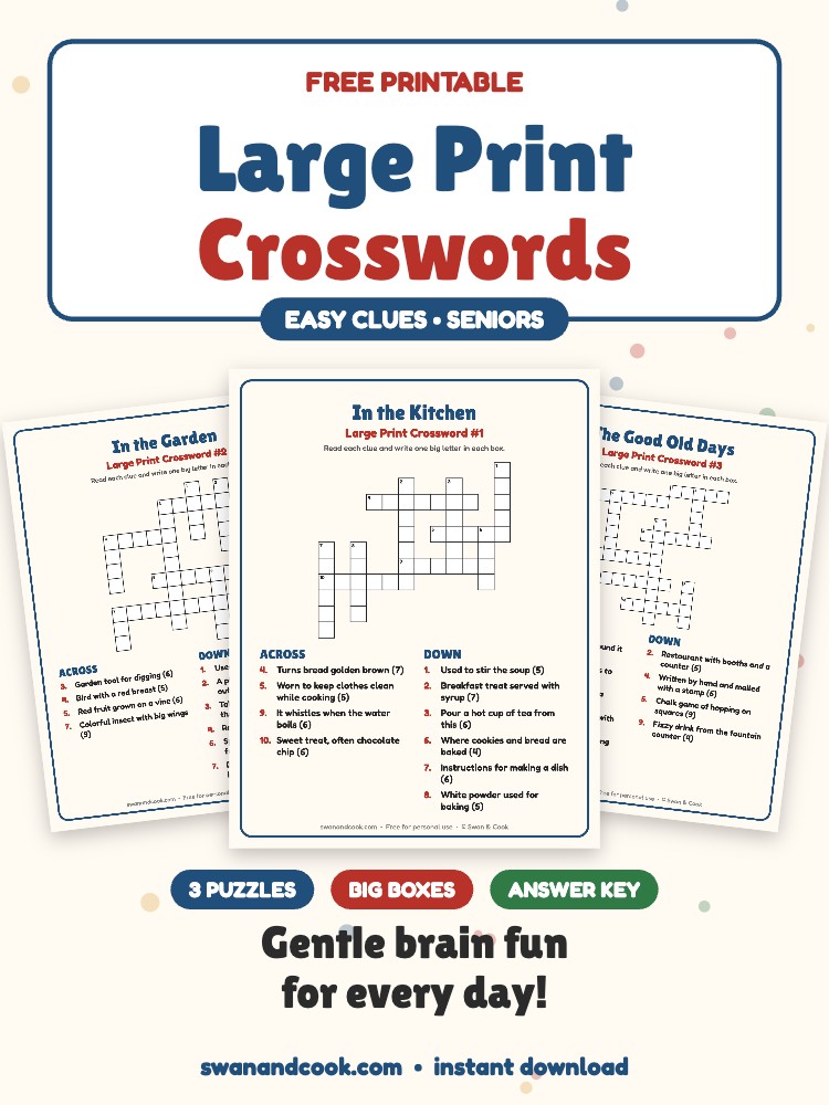 Free Large Print Crossword Puzzles for Seniors (3 Easy Puzzles)