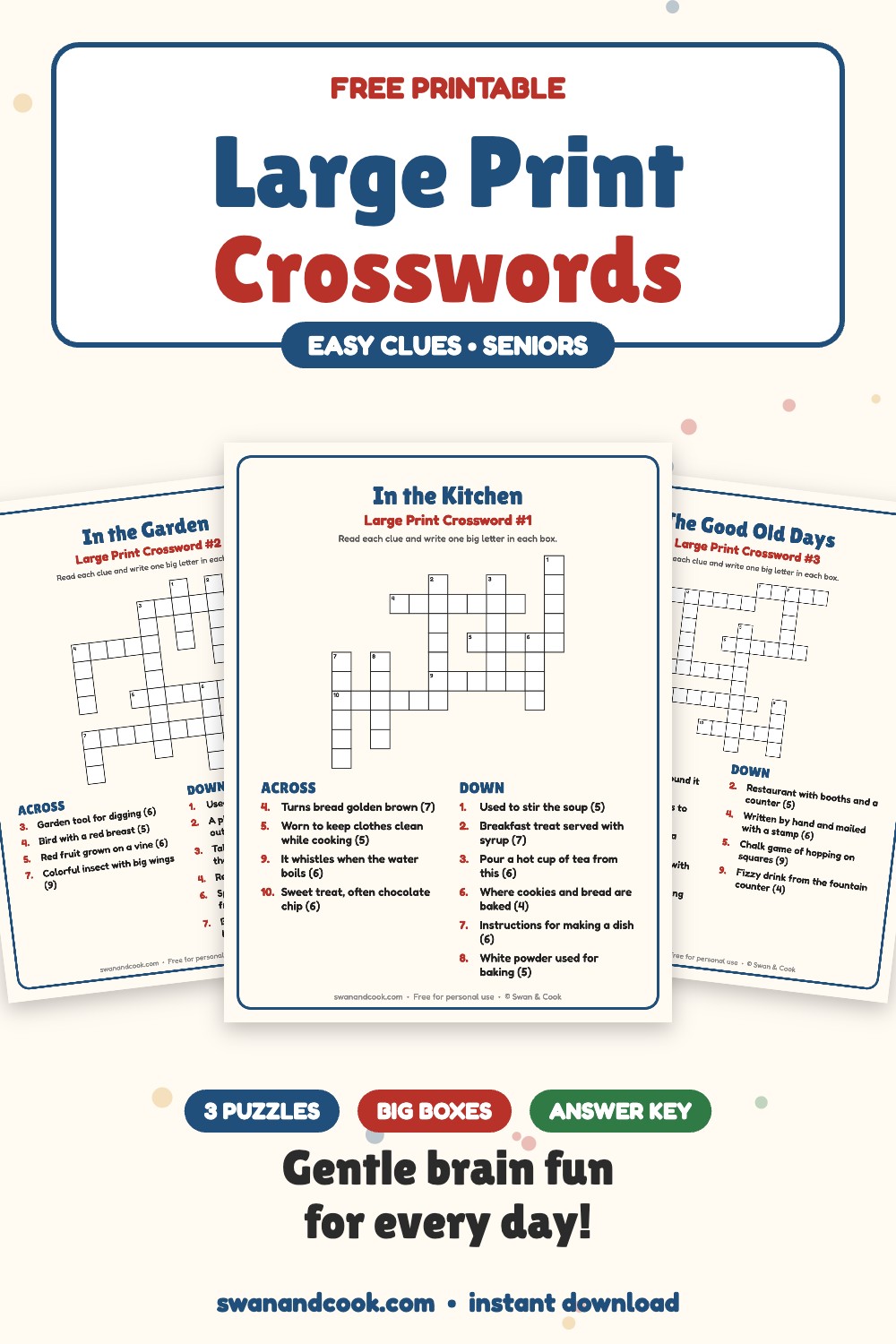 Free large print crossword puzzles for seniors with easy clues and answer key from Swan and Cook