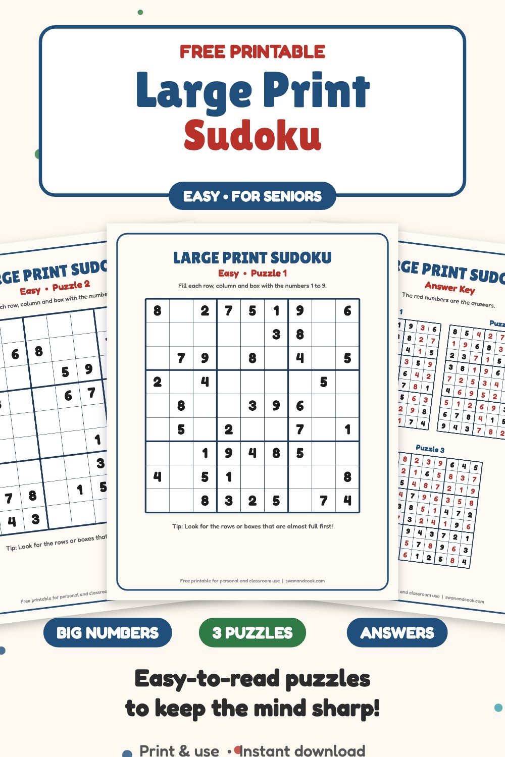 Free large print sudoku for seniors with 3 easy puzzles and answer key from Swan and Cook