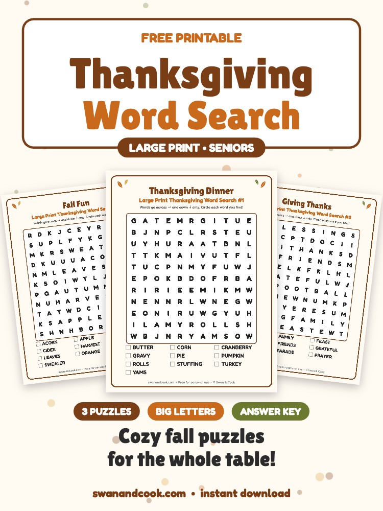 Free Large Print Thanksgiving Word Search for Seniors (3 Puzzles)