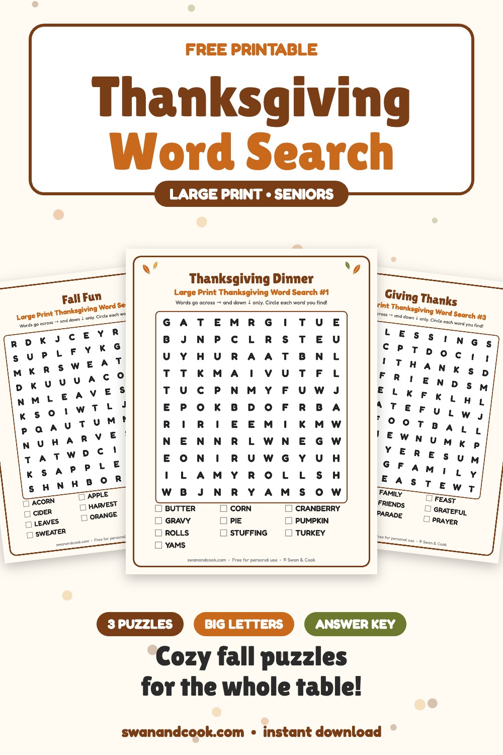 Free large print Thanksgiving word search for seniors with 3 puzzles and answer key from Swan and Cook