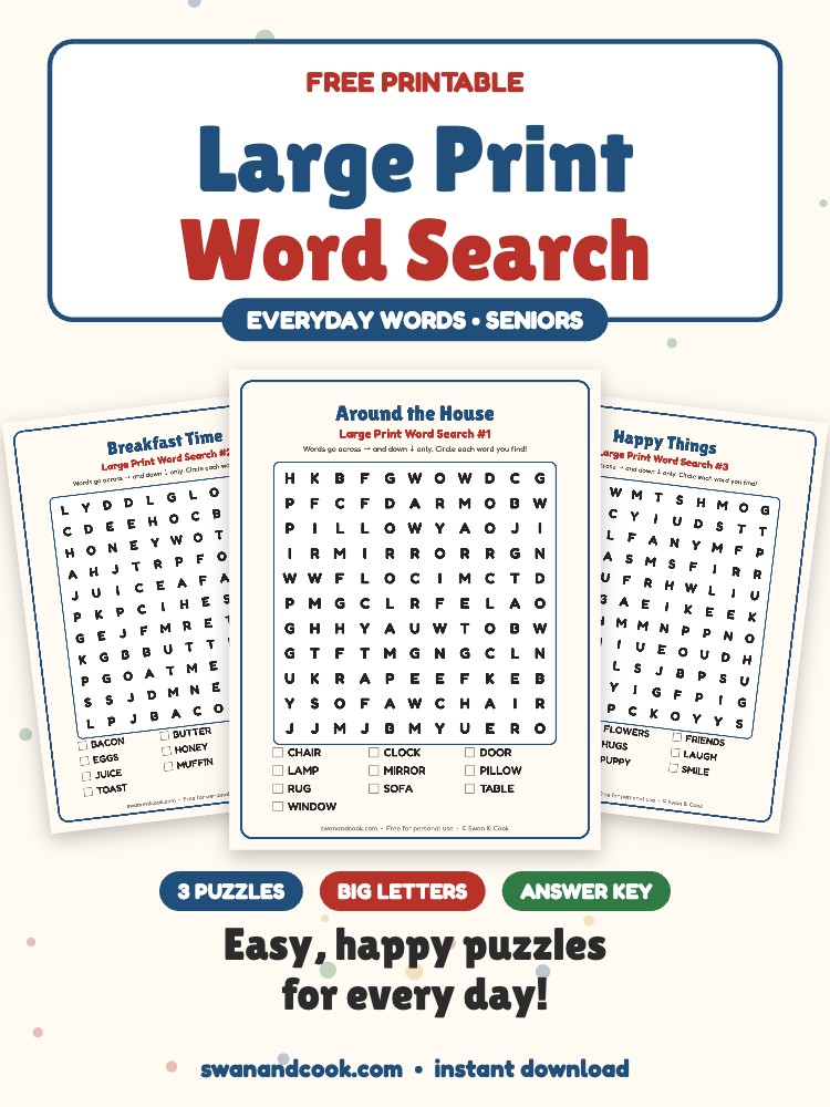 Free Large Print Word Search for Seniors (3 Everyday Puzzles)