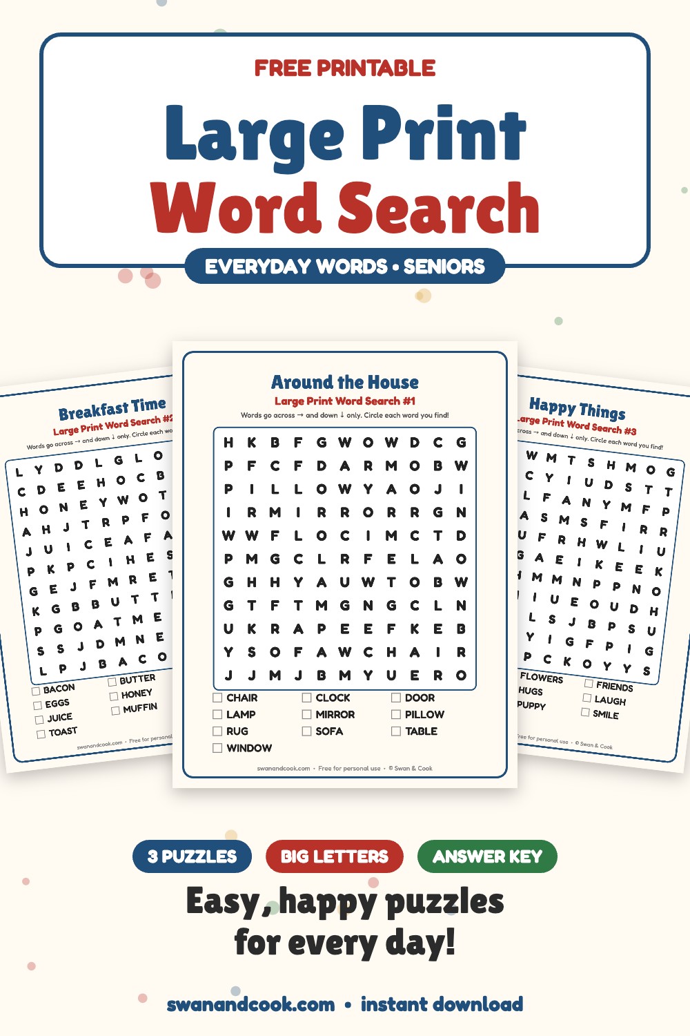 Free large print word search puzzles for seniors with everyday words and answer key from Swan and Cook