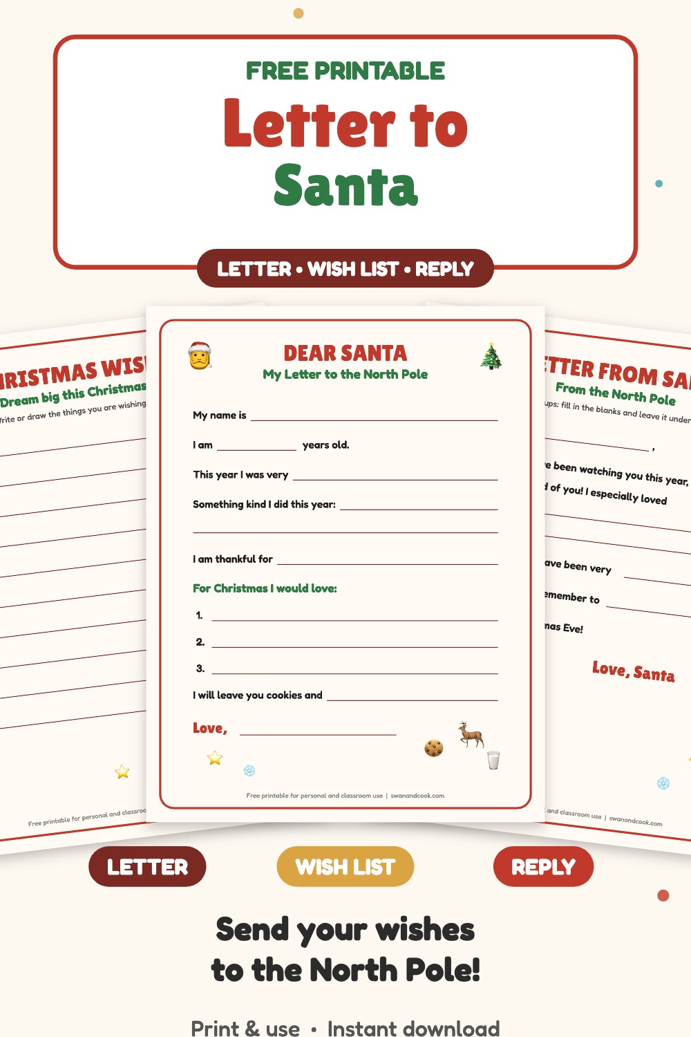 Free printable letter to Santa, Christmas wish list and reply letter from Santa from Swan and Cook