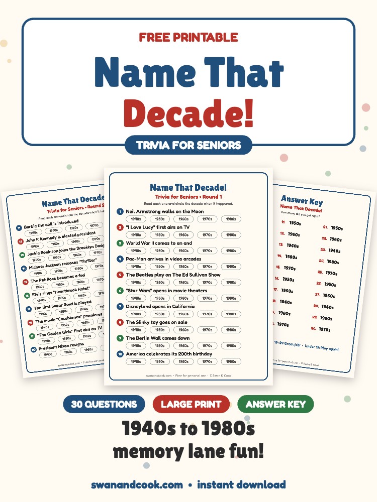 Free Printable Name That Decade Trivia for Seniors (30 Questions)