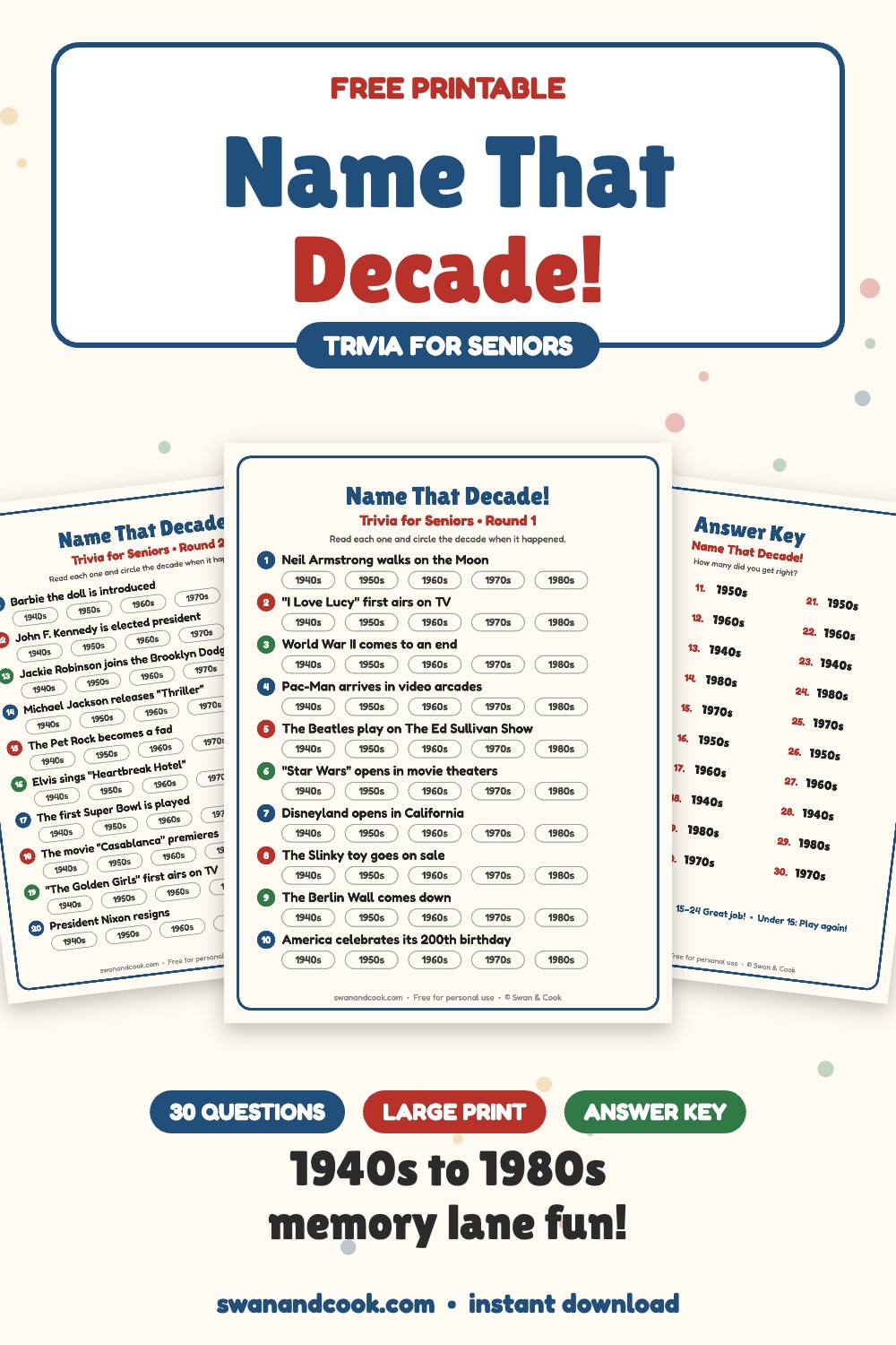 Free printable Name That Decade trivia game for seniors with 30 large print questions and answer key from Swan and Cook
