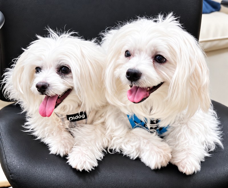 Princess the Maltese and Valentino the Cotonese puppy sitting together on an office chair, Swan and Cook dogs