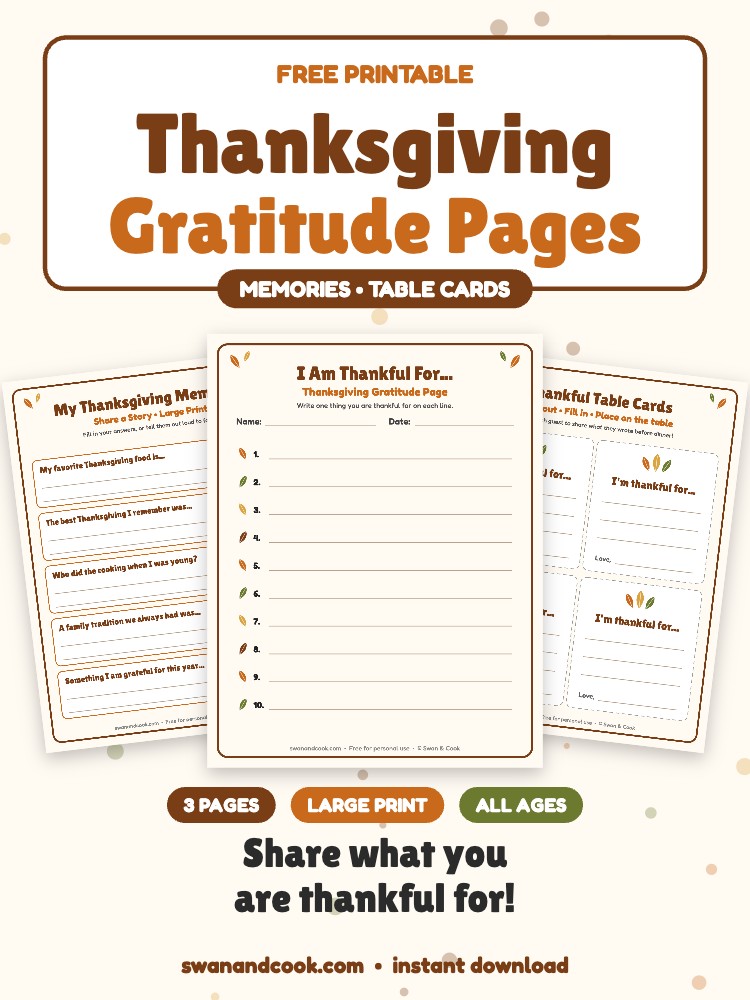 Free Printable Thanksgiving Gratitude Pages (Thankful List, Memories & Table Cards)