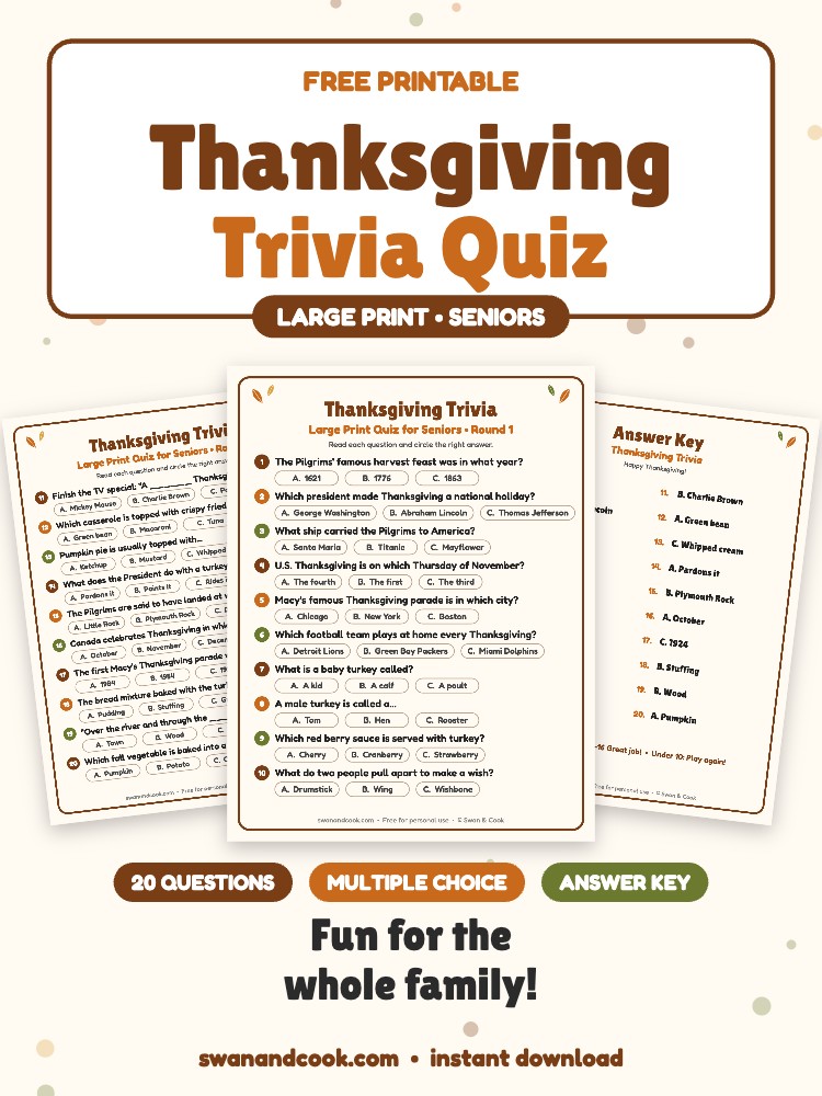 Free Printable Thanksgiving Trivia for Seniors (20 Large Print Questions)