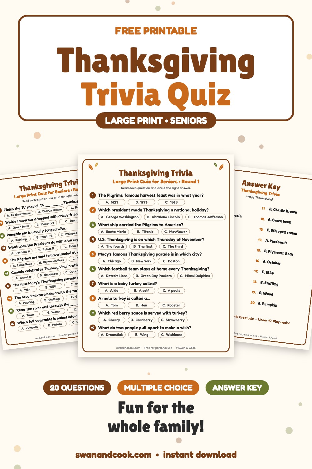 Free printable Thanksgiving trivia for seniors with 20 large print multiple choice questions and answer key from Swan and Cook