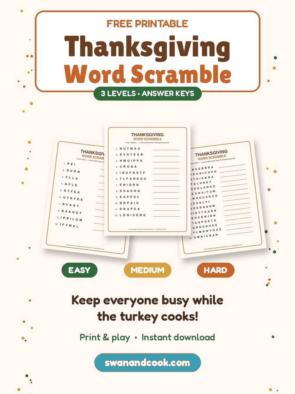 Free Printable Thanksgiving Word Scramble (Easy, Medium & Hard)