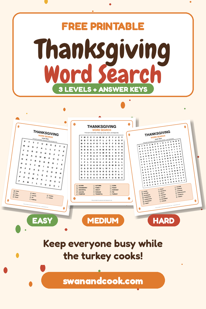 Free printable Thanksgiving word search in easy, medium and hard levels from Swan and Cook