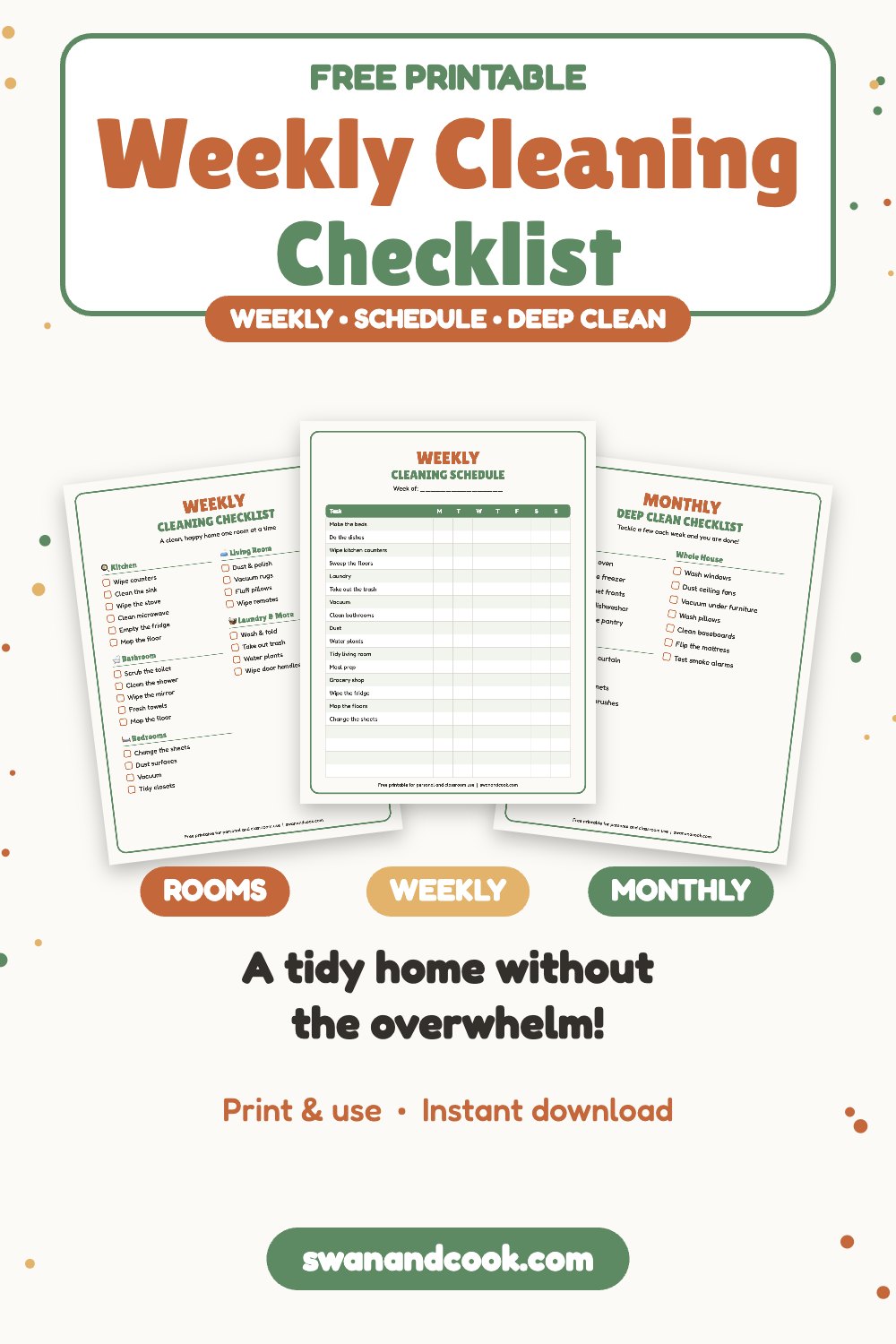 Free printable weekly cleaning checklist with room by room tasks, weekly schedule and monthly deep clean list from Swan and Cook